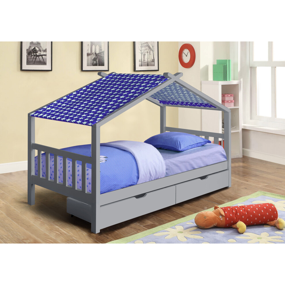 (No Mattress, With Blue Tent) 3ft Grey Wooden Storage House Bed With Tent and Mattress Options