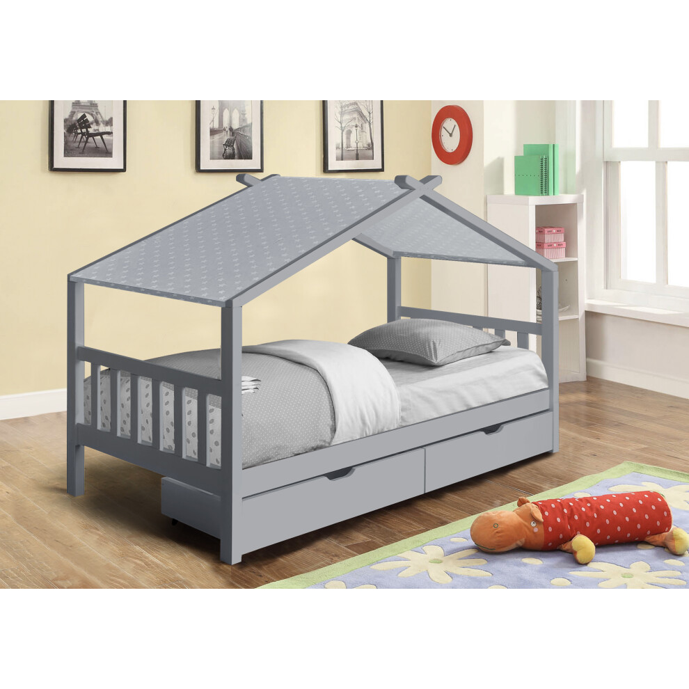 (No Mattress, With Grey Tent) 3ft Grey Wooden Storage House Bed With Tent and Mattress Options