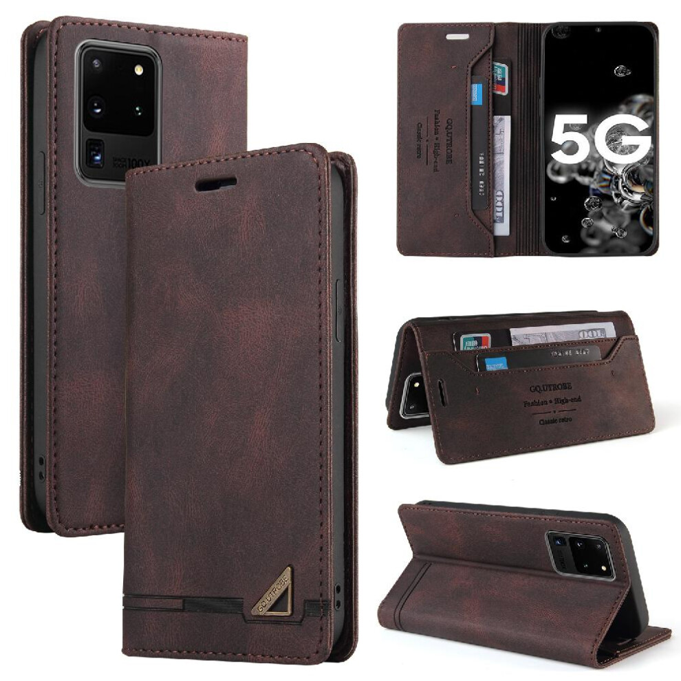 (Brown) Case For Samsung Galaxy S20 Ultra Two Card Slots Premium Leather Kickstand Premium Leather Brown 764762716936