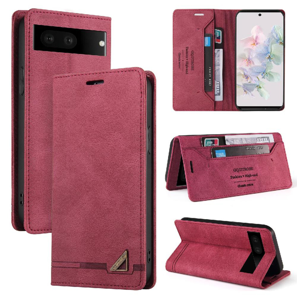 (Red) Case For Google Pixel 7A Kickstand Premium Leather Two Card Slots Premium Leather Red 764762719968