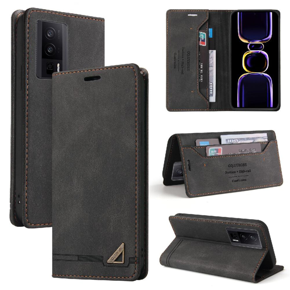 (Black) Case For Xiaomi Poco F5 Pro Two Card Slots Kickstand Premium Leather Premium Leather Black 764762720117