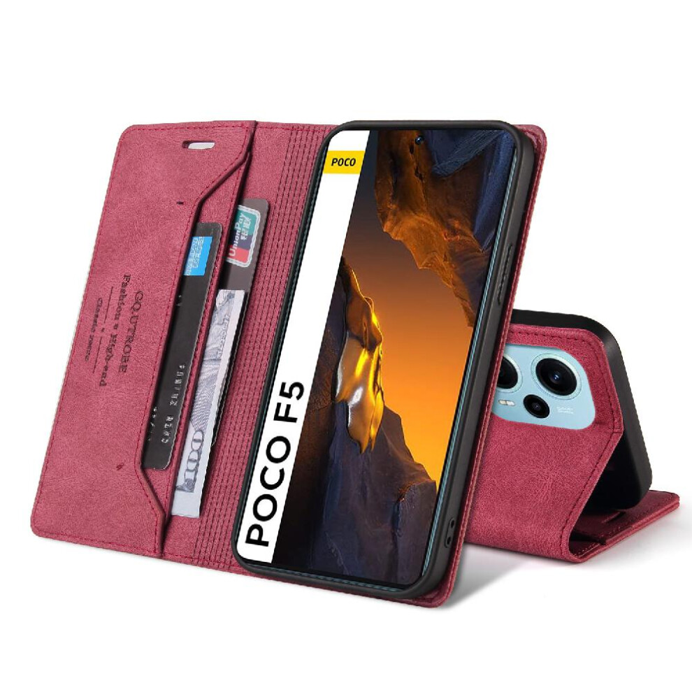 (Red) Case For Xiaomi Poco F5 5G Premium Leather Premium Leather Two Card Slots Kickstand Red 764762720162