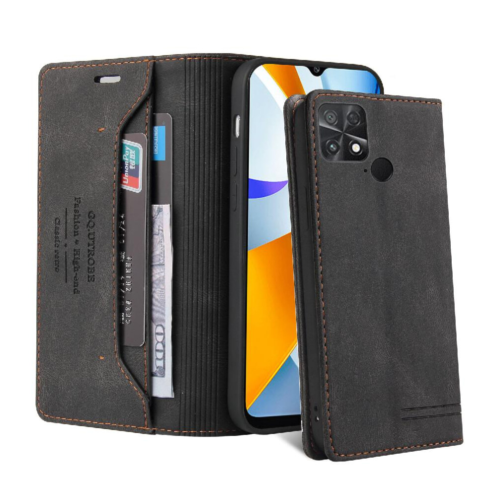 (Black) Case For Xiaomi Poco C40 Premium Leather Kickstand Premium Leather Two Card Slots Black 764762720353