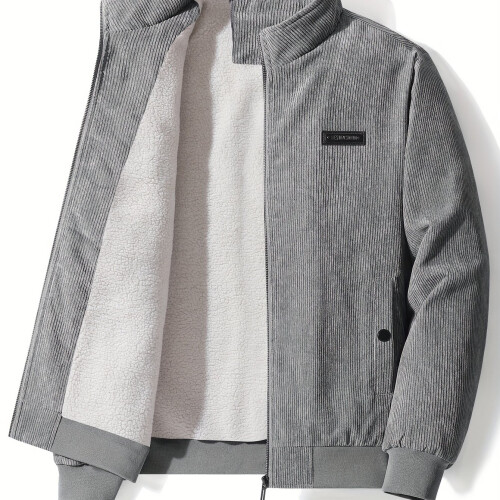(grey, XL(42)) Men's Casual Warm Fleece Zip Up Jacket, Chic Bomber Jacket For Fall Winter