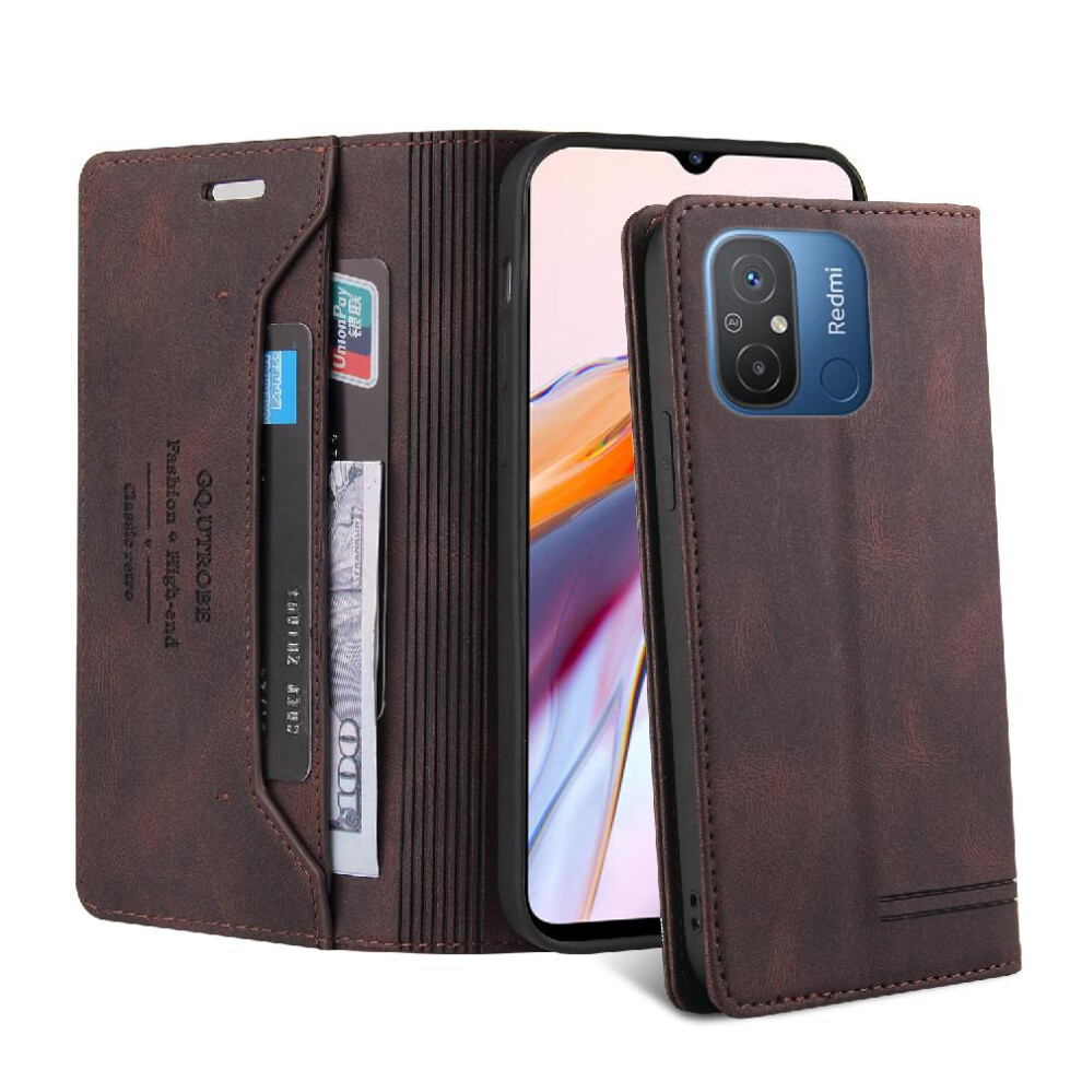 (Brown) Case For Xiaomi Redmi 12C Two Card Slots Premium Leather Kickstand Premium Leather Brown 764762720377