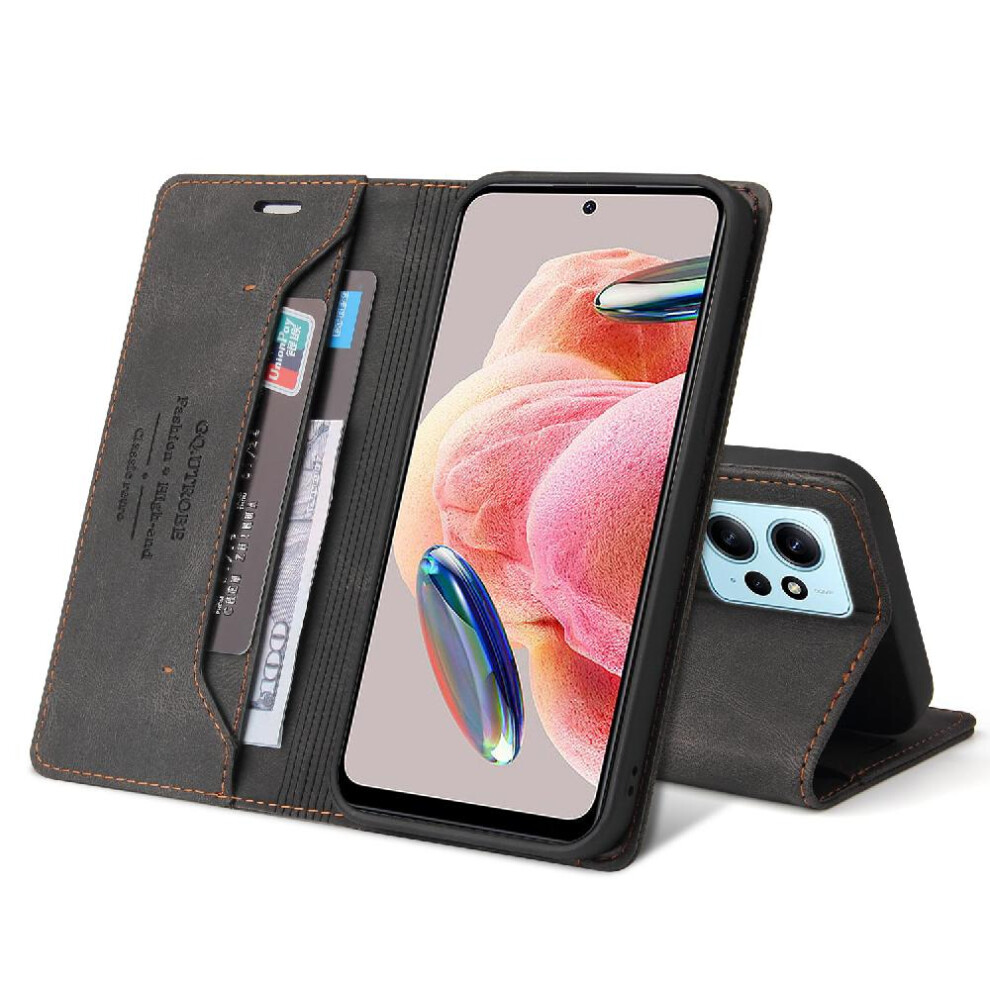 (Black) Case For Xiaomi Redmi Note12 4G Premium Leather Premium Leather Kickstand Two Card Slots Black 764762720759