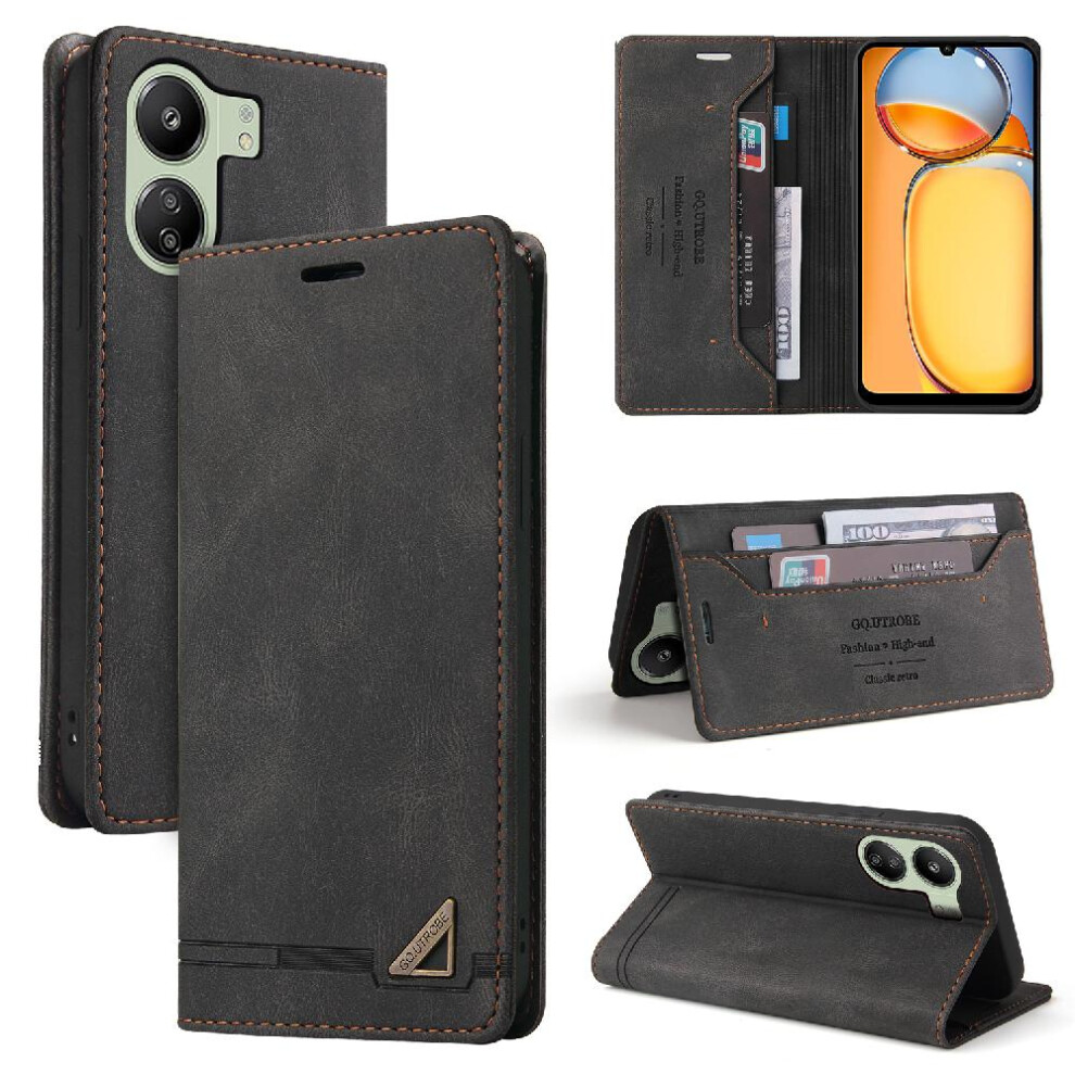 (Black) Case For Xiaomi Redmi 13C 4G Premium Leather Premium Leather Two Card Slots Kickstand Black 764762721237