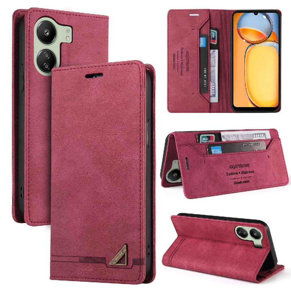 (Red) Case For Xiaomi Mi 13C 4G Premium Leather Premium Leather Two Card Slots Kickstand Red 764762721244