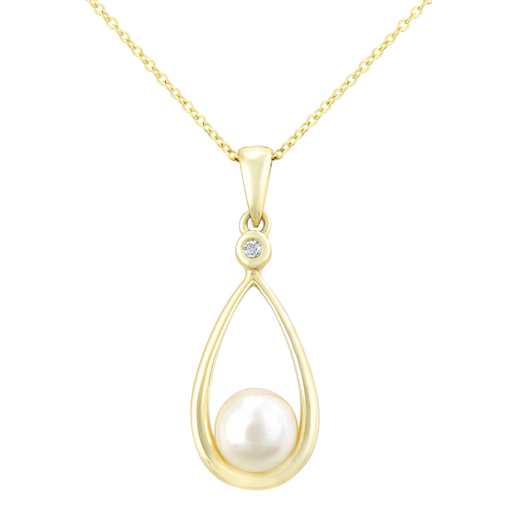 Jewelco London 9ct Yellow Gold Round 1pts Diamond Round Pearl 6mm Teardrop Pendant Necklace 18 inch 46cm - PP0AXL4305YPRL