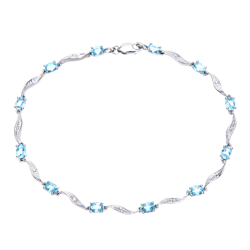 Jewelco London 9ct White Gold Round 2pts Diamond Oval 2.4ct Blue Topaz Wavy Ribbon Illusion Link Bracelet - PBCAXL02772WBT