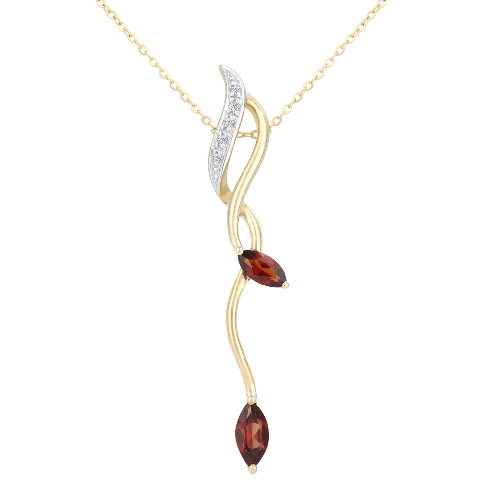 Jewelco London 9ct Yellow Gold Round 2pts Diamond Marquise 0.48ct Garnet Stick Pendant Necklace 18 inch 46cm - PP0AXL3848YGT