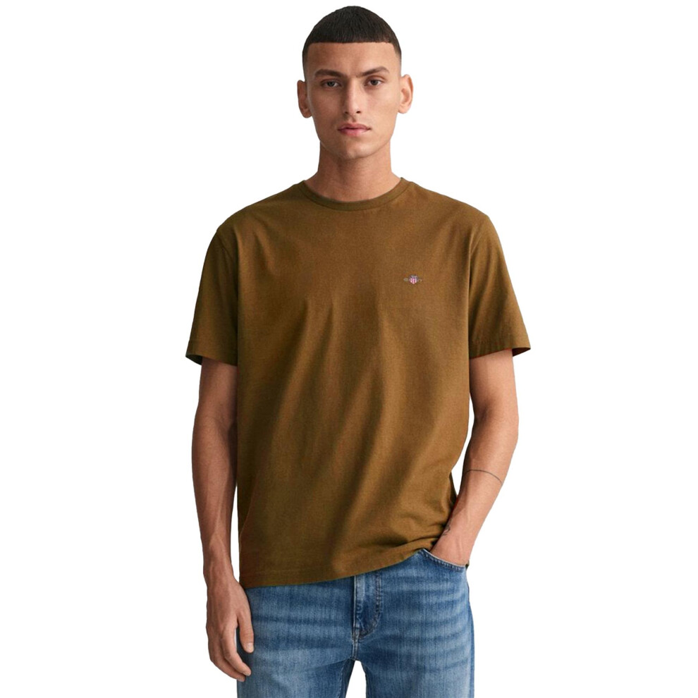 (Khaki, XL) Gant Mens Contrast logo Crew Neck T-shirt