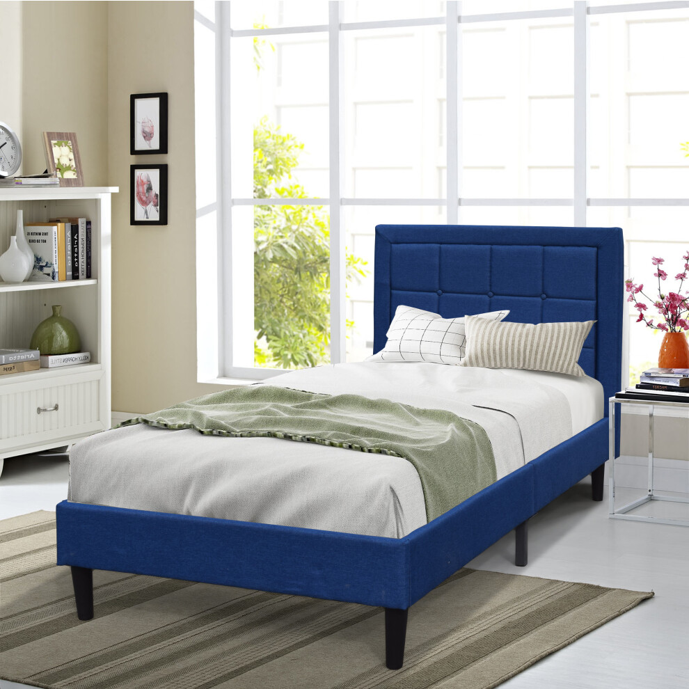 (3ft Single, Blue ) Fabric Bedframe With Buttoned Headboard In Various Sizes And Colours