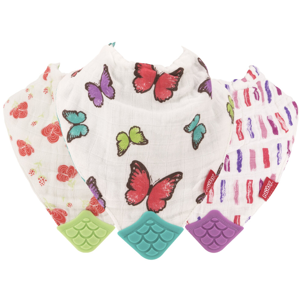 Nuby Reversible 100% Natural Cotton Muslin 3 Piece Teething Bib, Pink, Aqua, Purple, Flower, Butterfly, Stripes, Girl, 3 Count