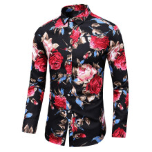 Ανδρικό Slim Fit Μακρυμάνικο Πουκάμισο Floral (X-Large Στήθος: 48 ίντσες, Μαύρο κόκκινο)