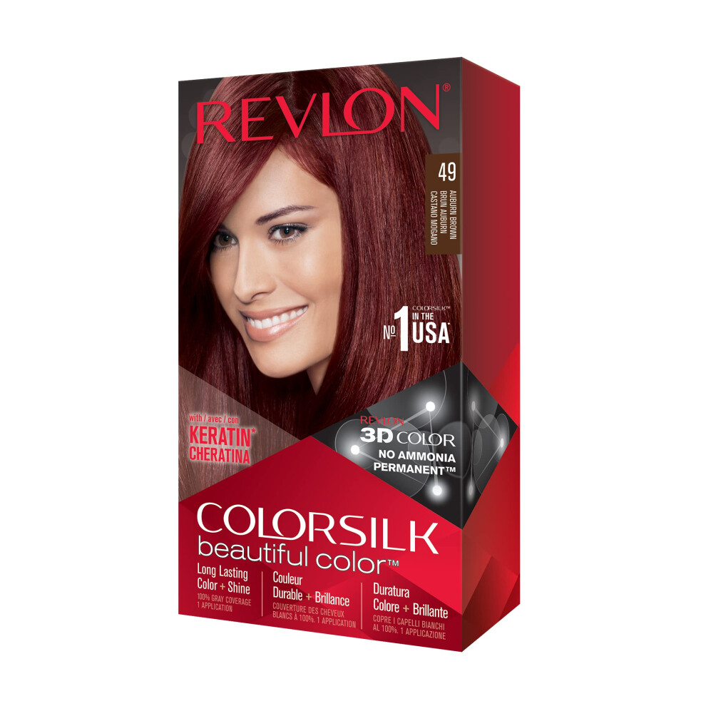 Revlon Colorsilk Beautiful Color, Permanent Hair Dye with Keratin, 100% Gray Coverage, Ammonia Free, 49 Auburn Brown