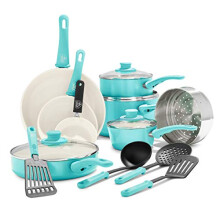 GreenLife Soft Grip Gezonde Keramische Antiaanbak 16-delige Keuken Kookgerei Potten en Koekenpannen Set PFAS-vrij Vaatwasserbestendig Turquoise