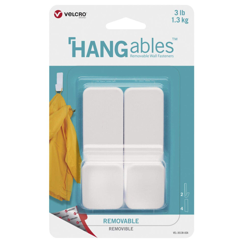 VELcRO Brand HANgables Removable Wall Hooks  Easy-to-Remove Wall Fasteners  Damage-Free, Non-Permanent Hooks  Medium, Holds 3 lbs, White, 2-Pack