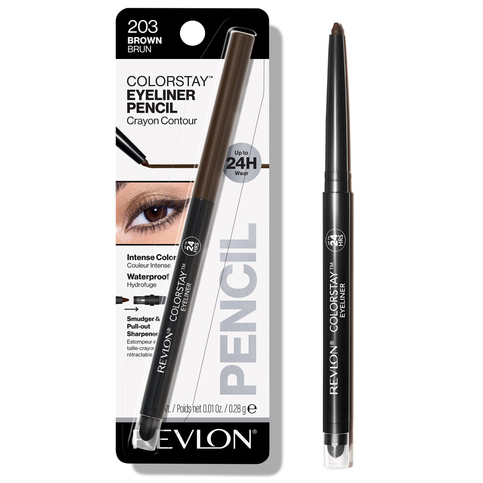 Revlon Pencil Eyeliner, colorStay Eye Makeup with Built-in Sharpener, Waterproof, Smudge-proof, Longwearing with Ultra-Fine Tip, 203 Brown, 001 oz