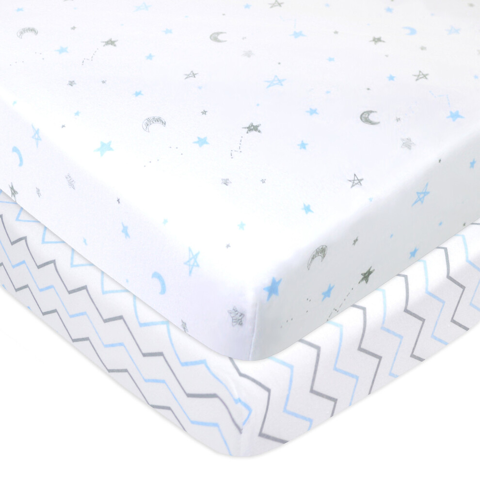 TL Care 2 Pack Printed 100% Natural Cotton Jersey Knit Fitted Pack N Play Playard Sheet, Blue Stars/Zigzag, Soft Breathable