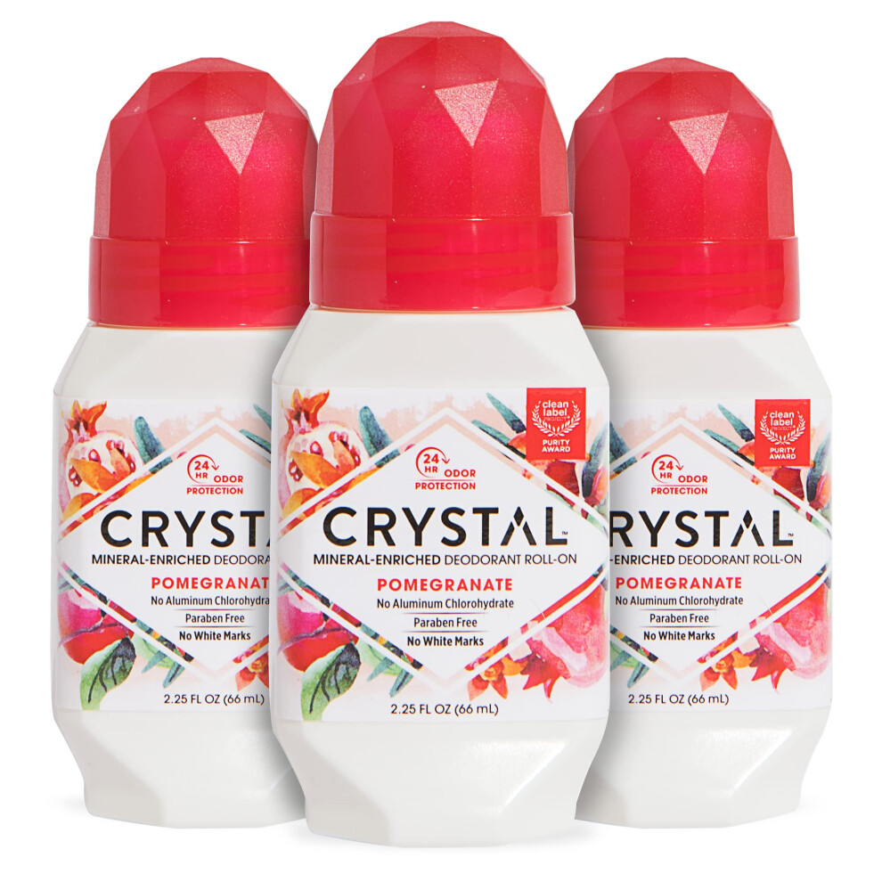 Crystal Deodorants Crystal Mineral Deodorant Roll-On Body Deodorant With 24-Hour Odor Protection, Pomegranate, Non-Sticky Roll-On, Aluminium Chloride, 225 Fl Oz - 3 Pack