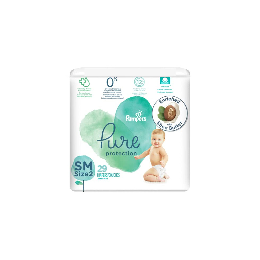 Diapers Size 2, 29 Count - Pampers Pure Protection Disposable Baby Diapers, Hypoallergenic and Unscented Protection, Jumbo Pack