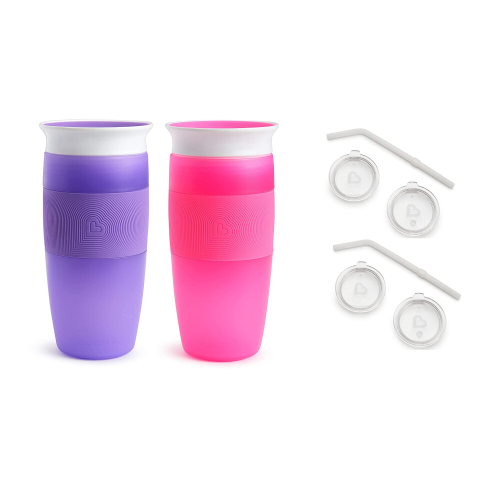 Munchkin 14oz 2 Pack Miracle cups with 2 Sipper and Straw Lid Set, Pink/Purple