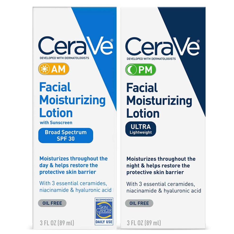 ceraVe Day & Night Face Lotion Skin care Set  contains AM with SPF 30 and PM Face Moisturizer  Fragrance Free