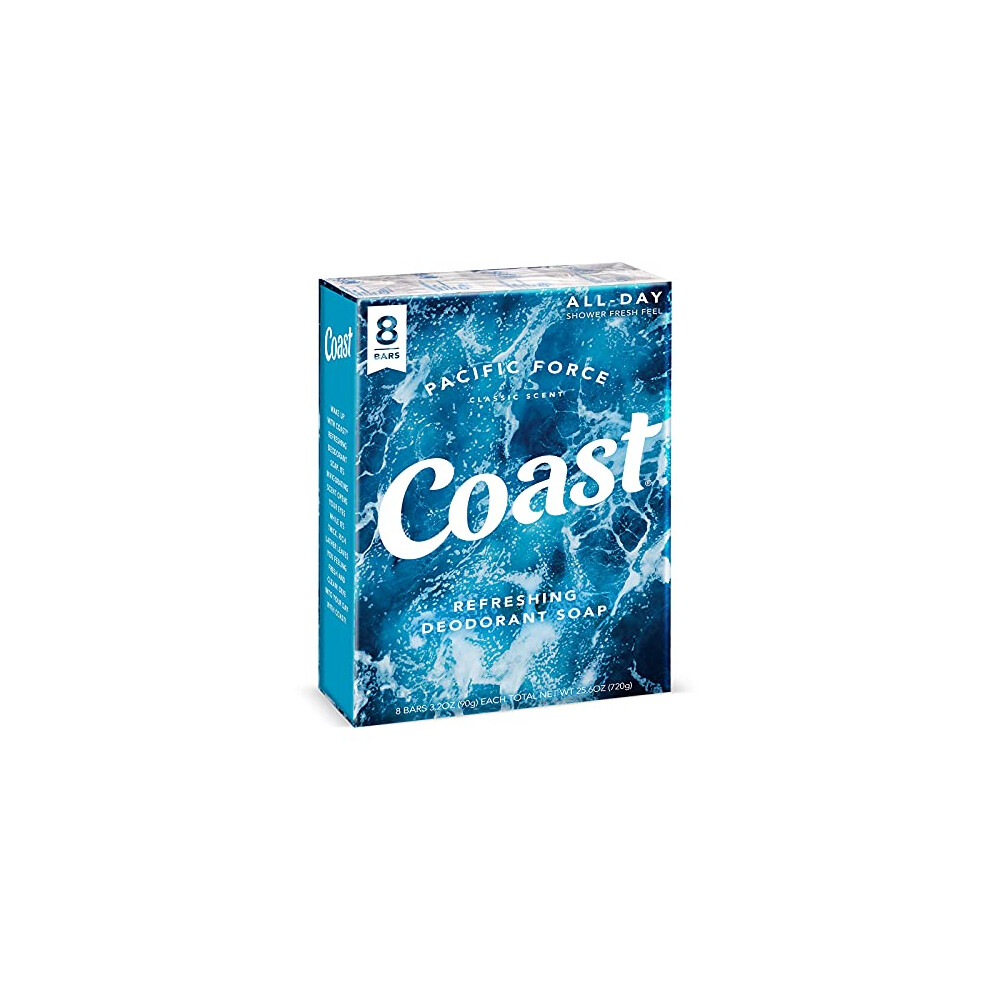 Coast Refreshing Deodorant Soap Bar - 8 Bars - Thick Rich Lather Leaves Your Body Feeling Energized And Clean - Classic Pacific Force Scent