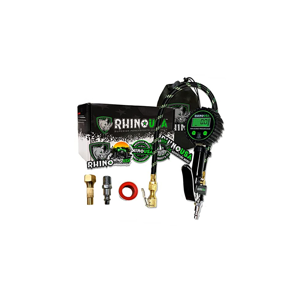 Rhino Usa Digital Tire Inflator With Pressure Gauge (0-200 Psi) - Ansi B40.1 Accurate, Large 2" Easy Read Glow Dial, Premium Braided Hose, Solid Brass 712038636358