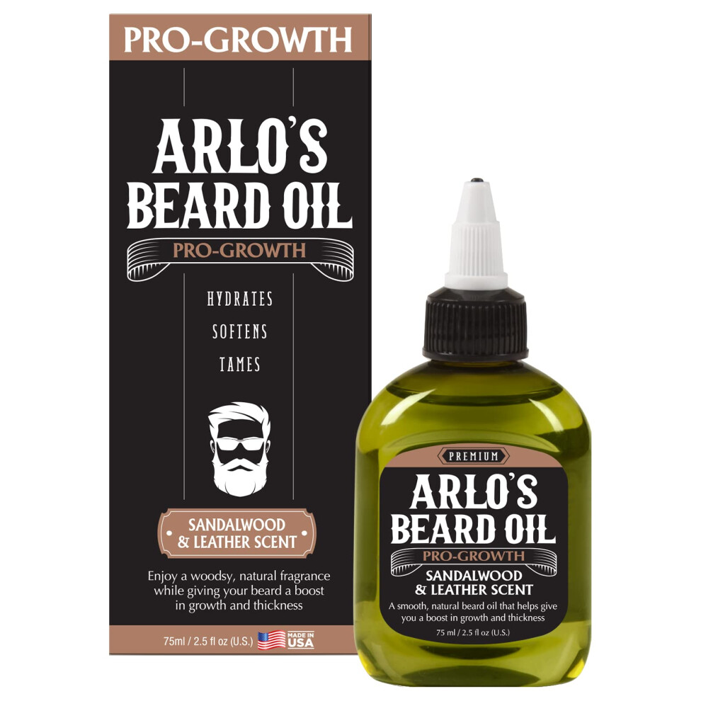 Arlo's Pro Growth Beard Oil - Sandalwood Leather Scent 2.5 oz. - Promotes Beard Hair Growth