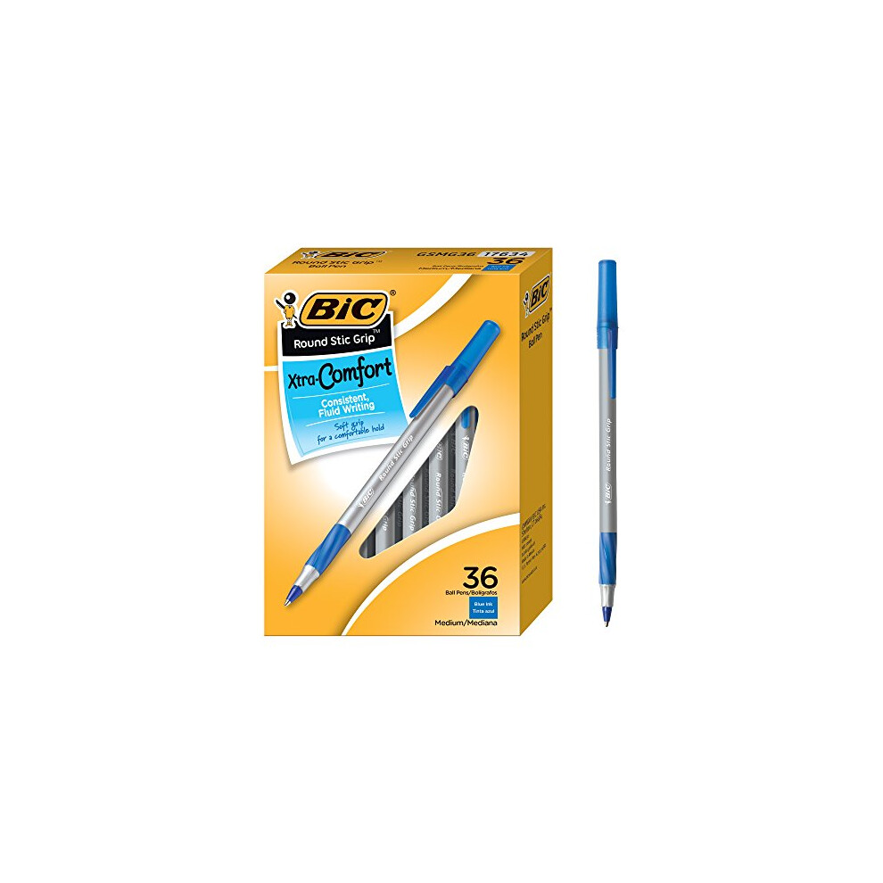 BIC Round Stic Grip Xtra Comfort Ballpoint Pen, Blue, 36 Count