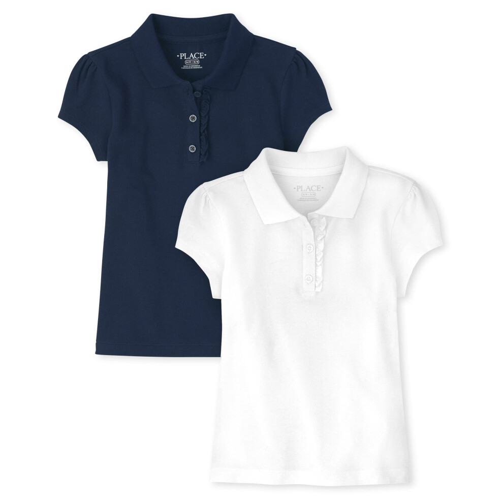 The childrens Place girls Short Sleeve Ruffle Pique Polo,TidalWhite 2 Pack,S (56)