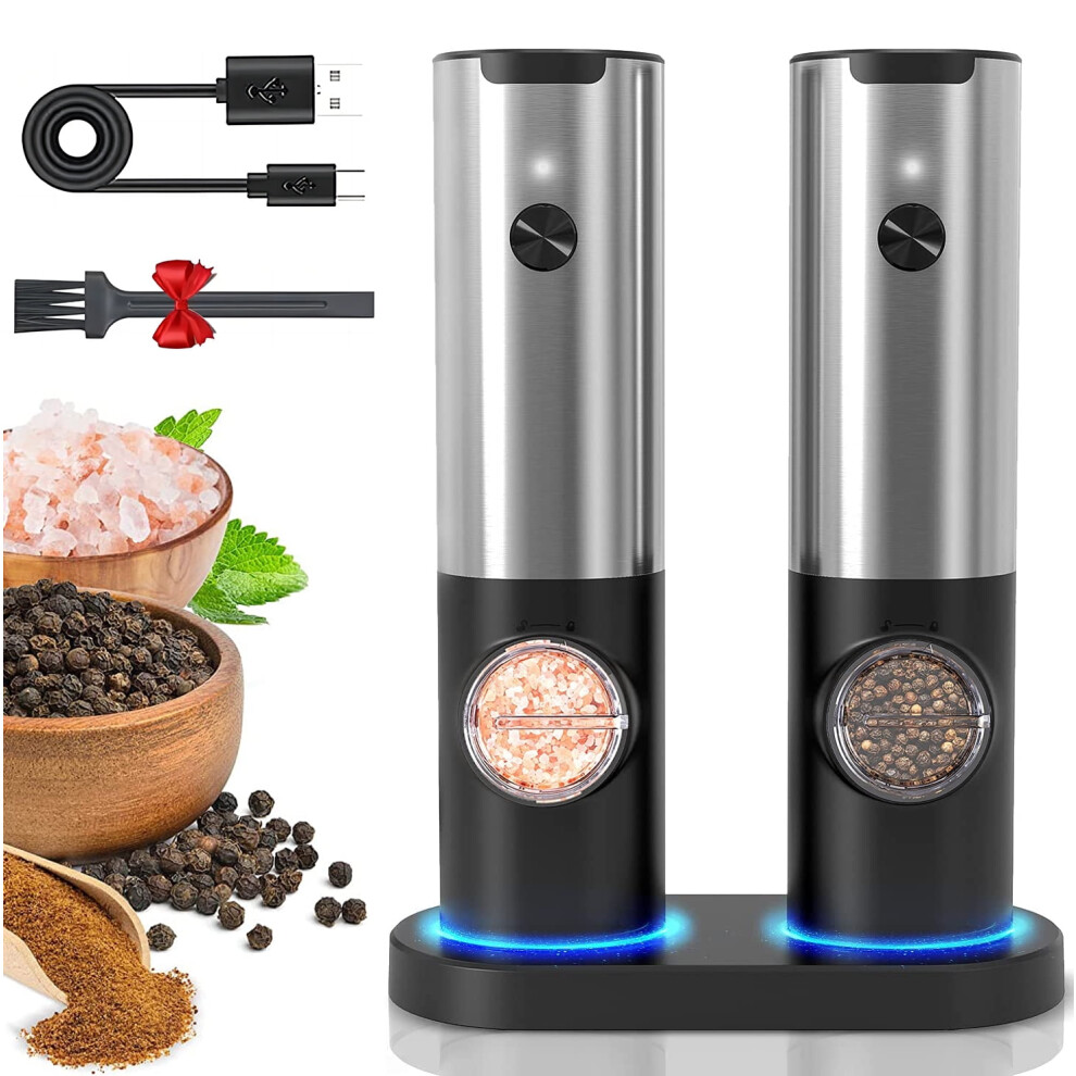 Electric Salt and Pepper Grinder Set, Automatic Electronic Spice Mill Shakers with USB Rechargeable, LED Light, Adjustable Coarseness,Stainless Steel