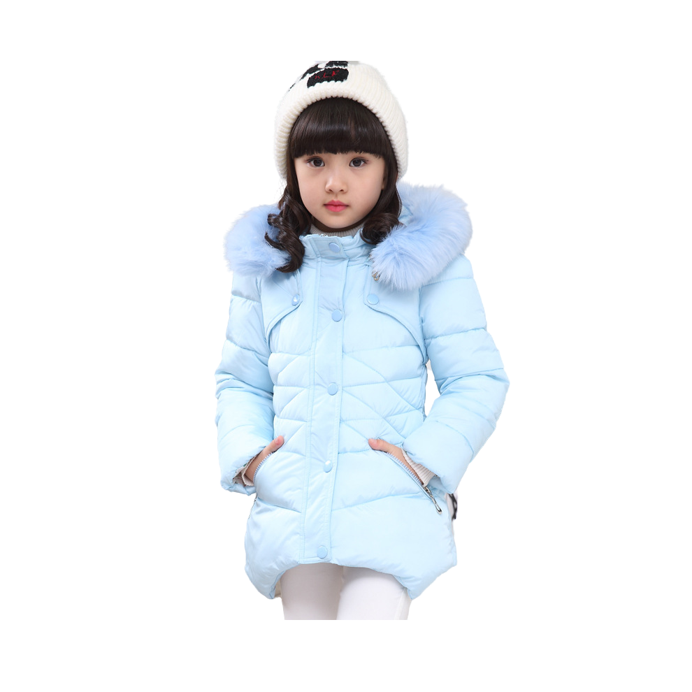 (Blue, 6-7Years) Kids Girls Winter Jacket Fur Hooded Coat Warm UK