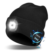 Led Lighted Beanie, Tech Caps Wireless Headphones Headlamp Cap, Black Knit Nightcaps