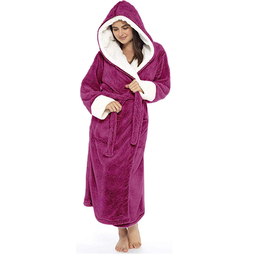 (Rose Red, L) Women Sherpa Fleece Bathrobe Soft Dressing Gown Hooded Fluffy Towling Bath Robe S