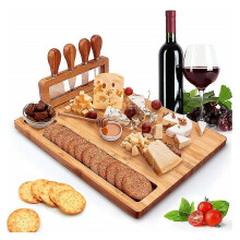 1 Cheese Board, Serving Tray With 4 Stainless Steel Knives, Solid Wood Charcuterie Board (14'x11')