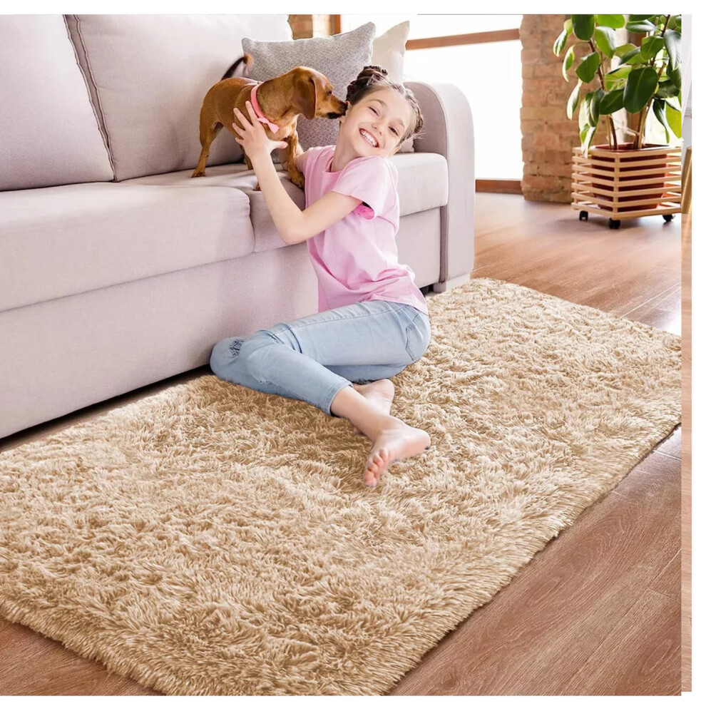 ( 60cm x 220cm (2ft x 7ft 7")- Runner , Beige Shaggy Rugs) Non-Slip Runner Rugs Shaggy Rug Living Room Carpet