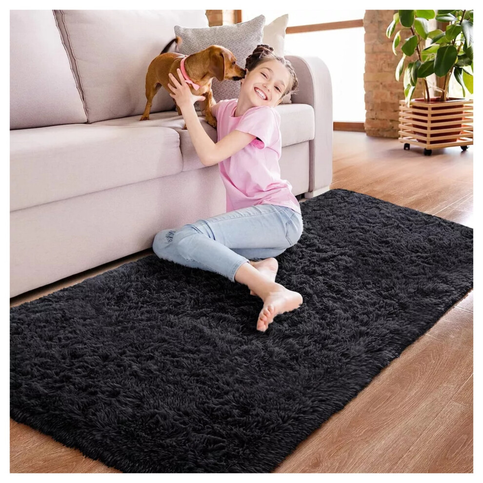 ( 60cm x 220cm (2ft x 7ft 7")- Runner , Black Shaggy Rugs) Runner Rugs Non-Slip Shaggy Rug Bedroom Living Room