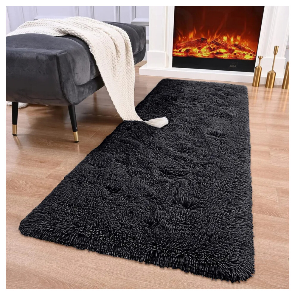 (80cm x 150cm (2ft 8" x 5ft)- Large Runner, Black Shaggy Rugs) Non-Slip Runner Rugs Shaggy Rug Living Room Carpet