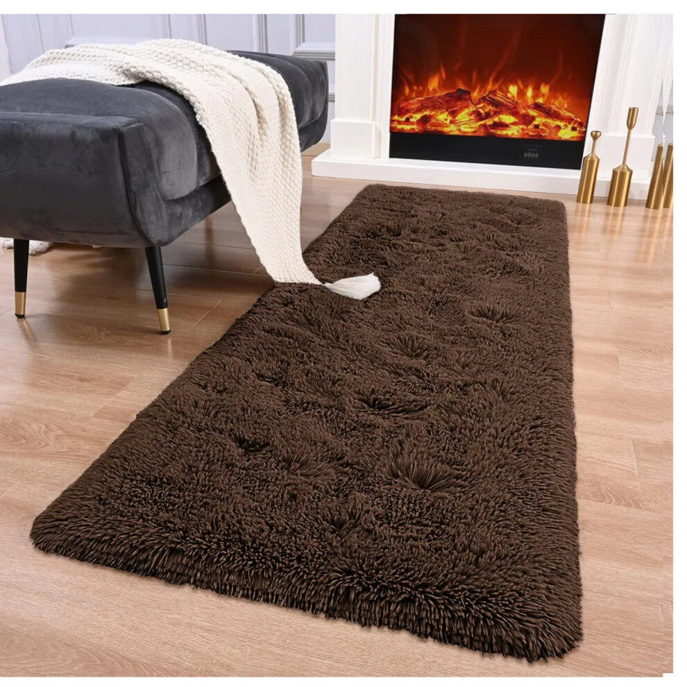 ( 60cm x 220cm (2ft x 7ft 7")- Runner , Brown Shaggy Rugs) Non-Slip Runner Rugs Shaggy Rug Living Room Carpet