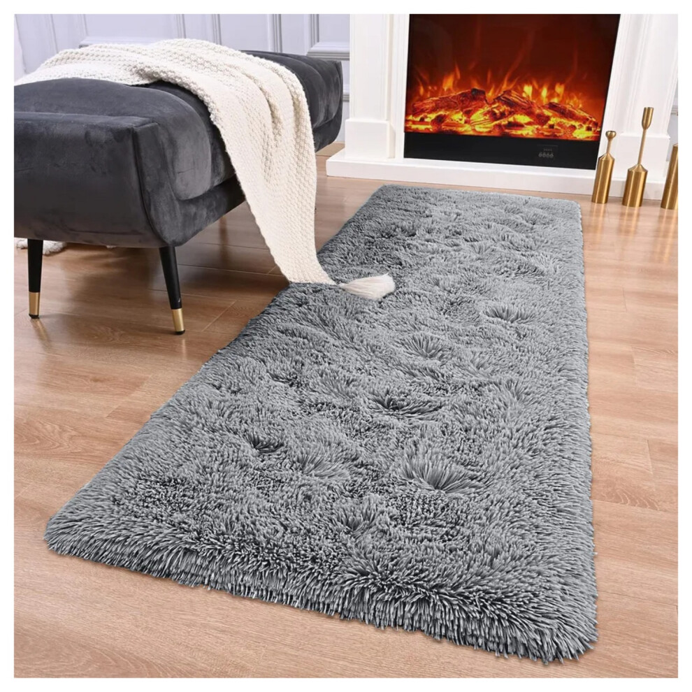 (80cm x 150cm (2ft 8" x 5ft)- Large Runner, Light Grey/ Silver Shaggy Rugs) Non-Slip Runner Rugs Shaggy Rug Living Room Carpet