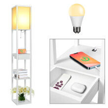 (White(with a bulb, 2 USB, Drawer)) 3-Tier LED Floor Lamp Wooden Shelf with Storage