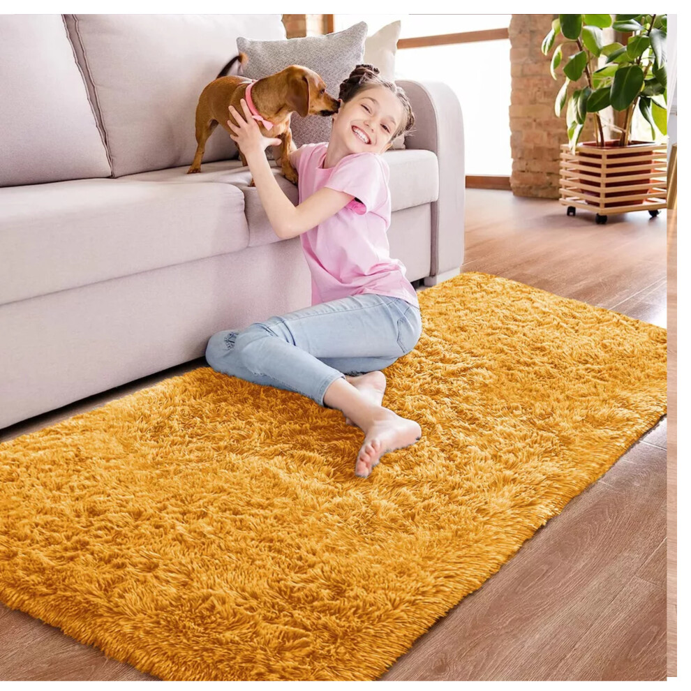 ( 60cm x 220cm (2ft x 7ft 7")- Runner , Yellow/ Ochre Shaggy Rugs) Non-Slip Runner Rugs Shaggy Rug Living Room Carpet