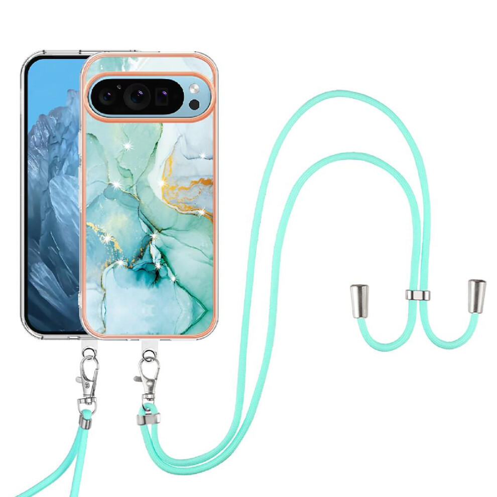 (Green) Case For Google Pixel 9 Anti-Scratch Soft Crossbody Lanyard Strap Bumper Marble Green 764762728403