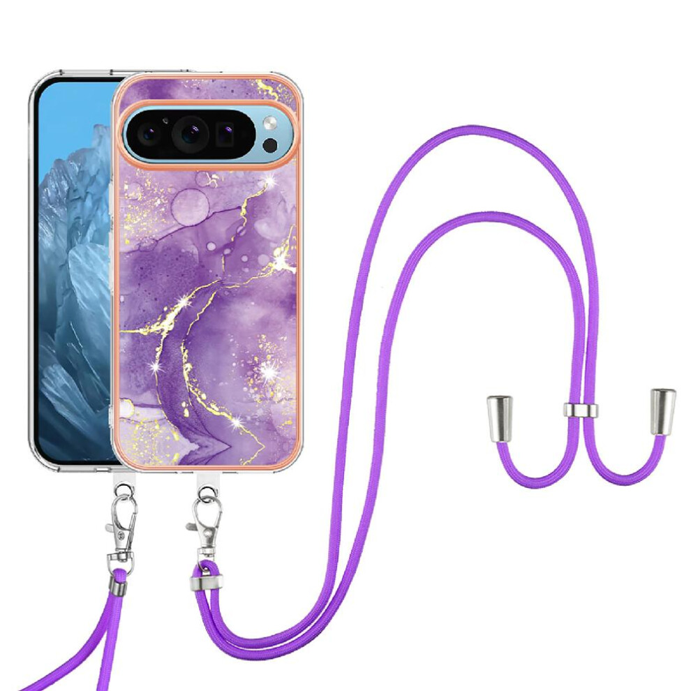 (Purple) Case For Google Pixel 9 Anti-Scratch Soft Crossbody Lanyard Strap Bumper Marble Purple 764762728366