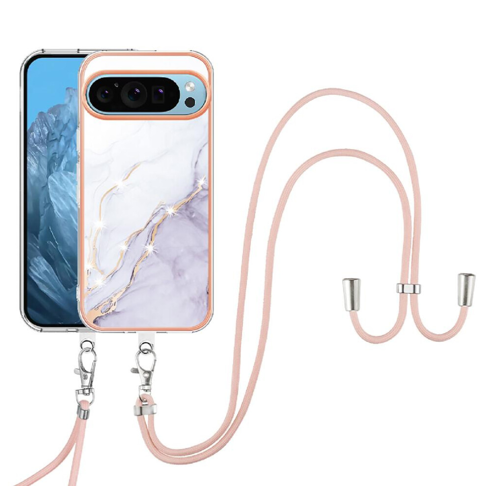 (White) Case For Google Pixel 9 Anti-Scratch Soft Crossbody Lanyard Strap Bumper Marble White 764762728397