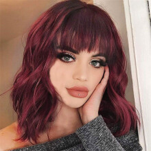 (Red) Women Ladies Red Short Curly Wigs Natural Bob With Bangs Wavy Hair Cosplay Wig