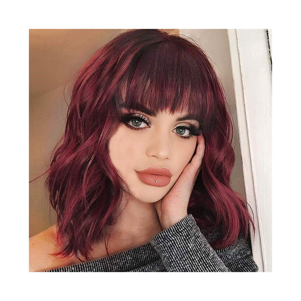 Veishet Unisex Red (Red) Women Ladies Short Curly Wigs Natural Bob With Bangs Wavy Hair Cosplay Wig